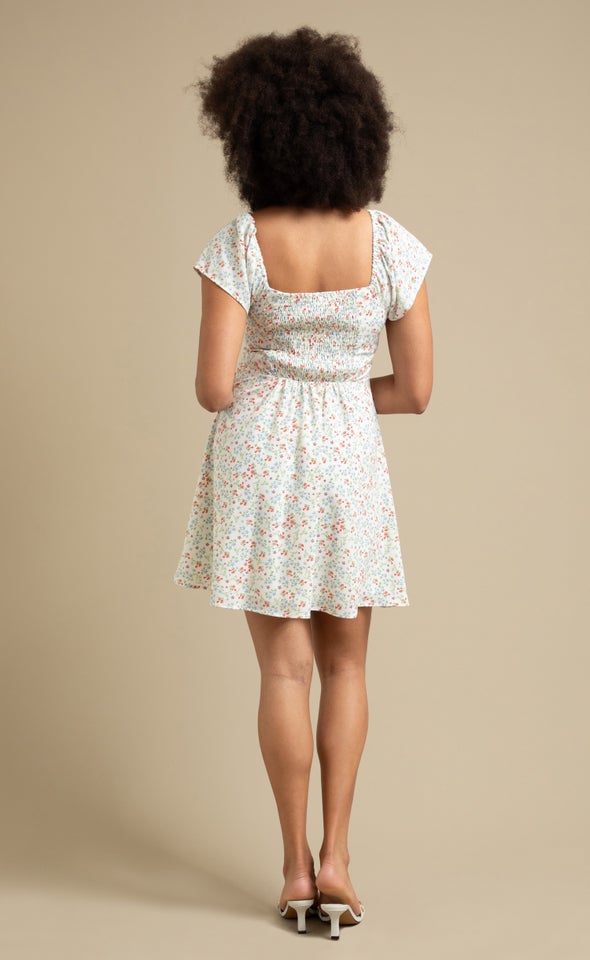 CDC Sweetheart Detail Skater Dress Cream/blue Floral