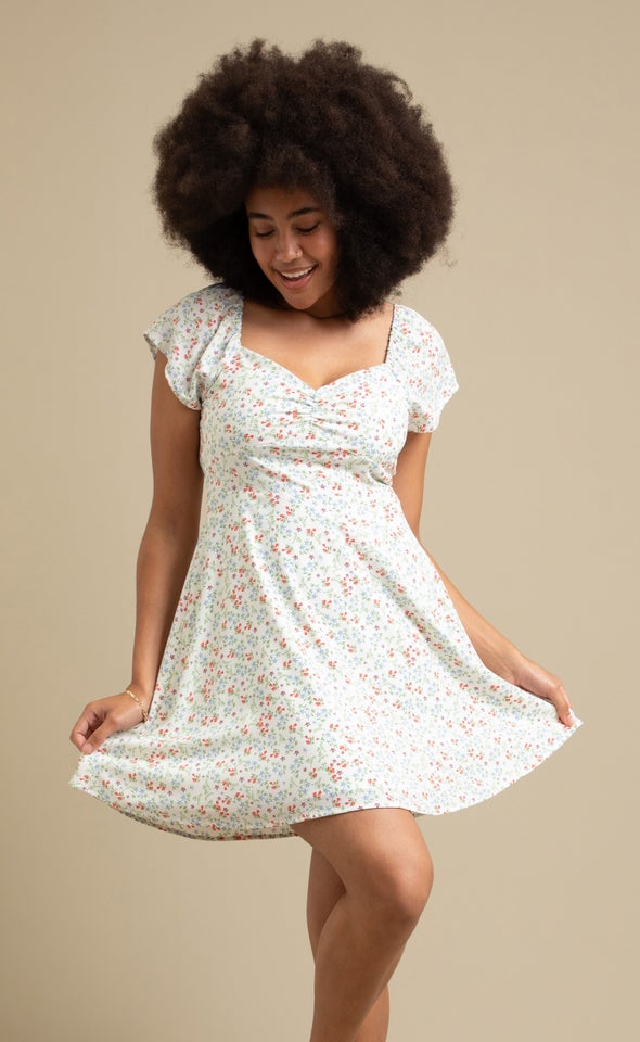 CDC Sweetheart Detail Skater Dress Cream/blue Floral