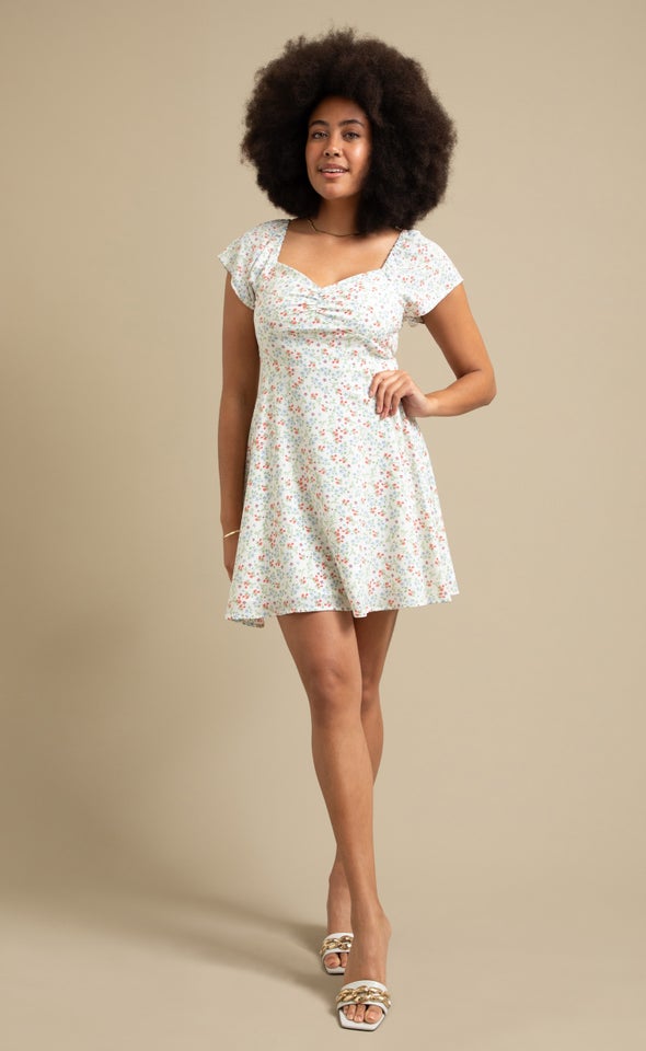 CDC Sweetheart Detail Skater Dress Cream/blue Floral