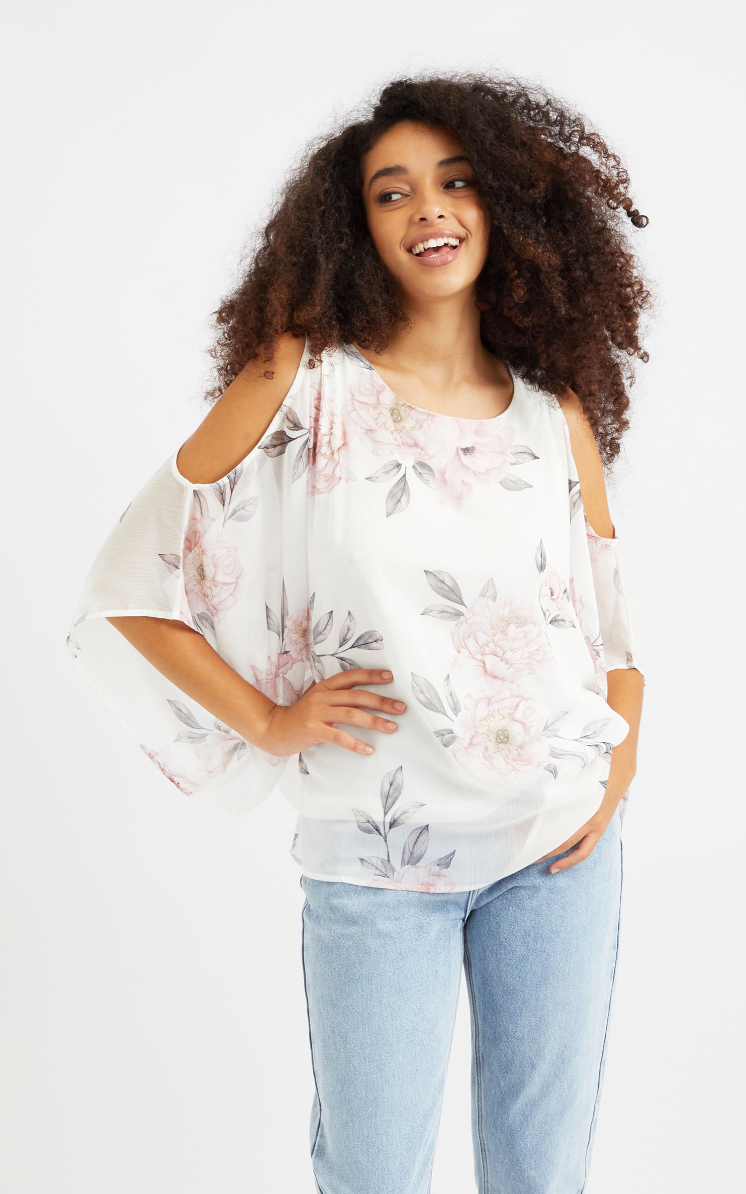 white chiffon cold shoulder top