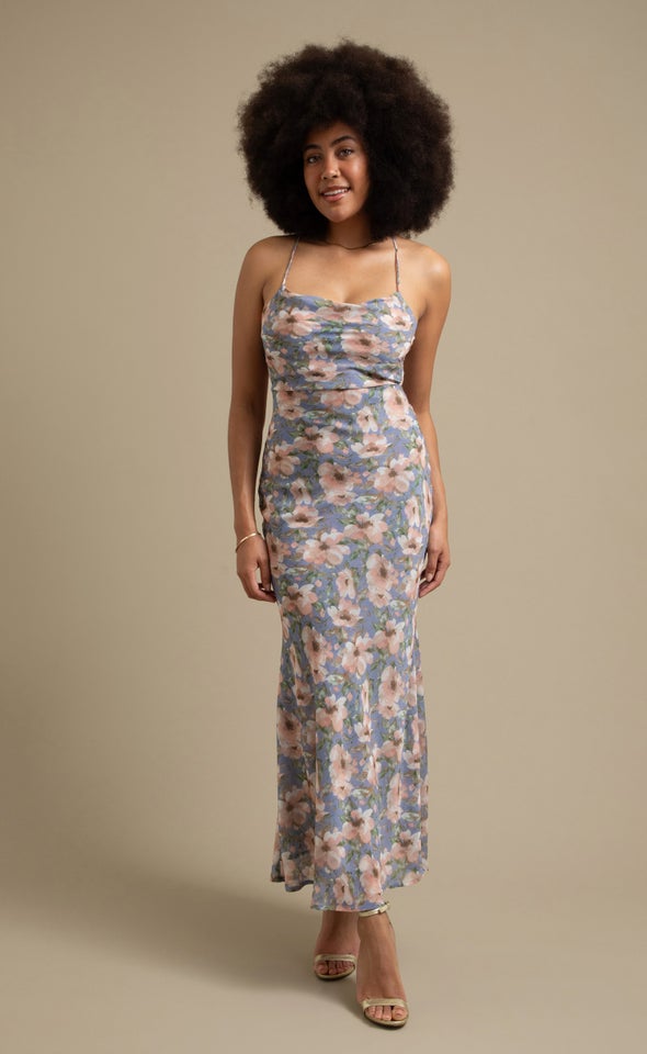 Chiffon Cross Back Gown Blue/floral