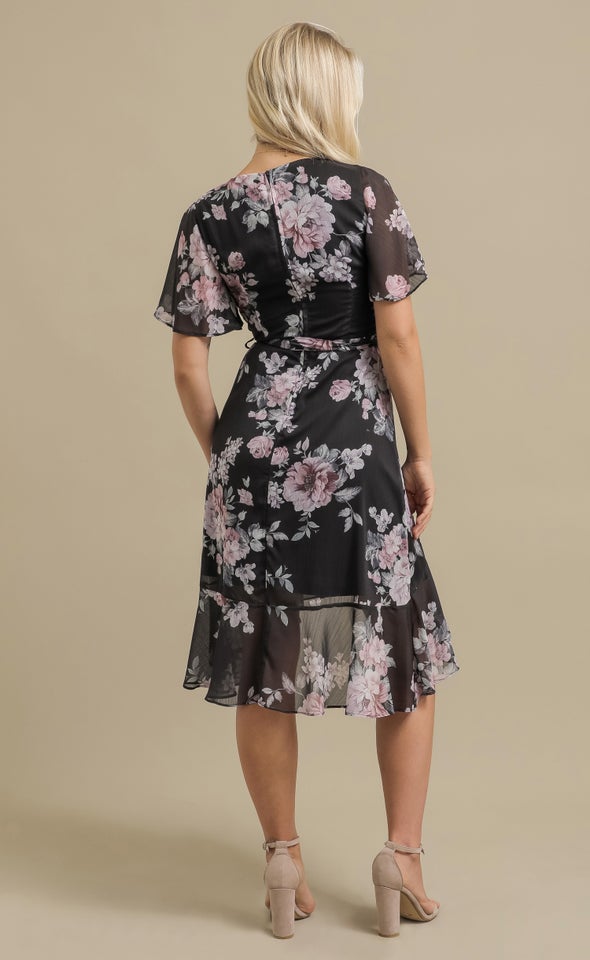 Chiffon Floaty Ruffle Wrap Dress Black/blush Floral