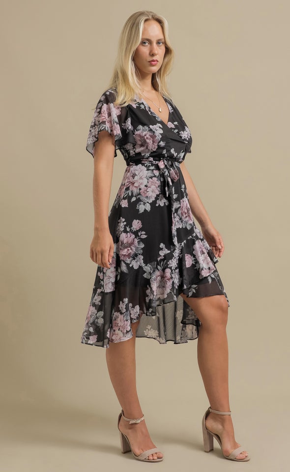 Chiffon Floaty Ruffle Wrap Dress Black/blush Floral