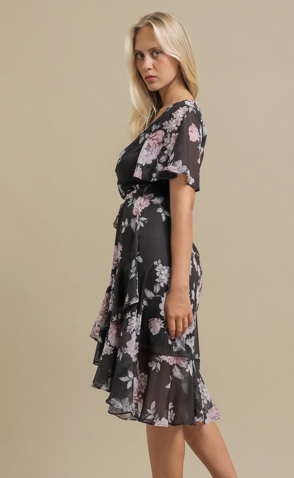 Chiffon Floaty Ruffle Wrap Dress Black/blush Floral