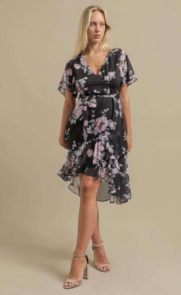 Chiffon Floaty Ruffle Wrap Dress Black/blush Floral