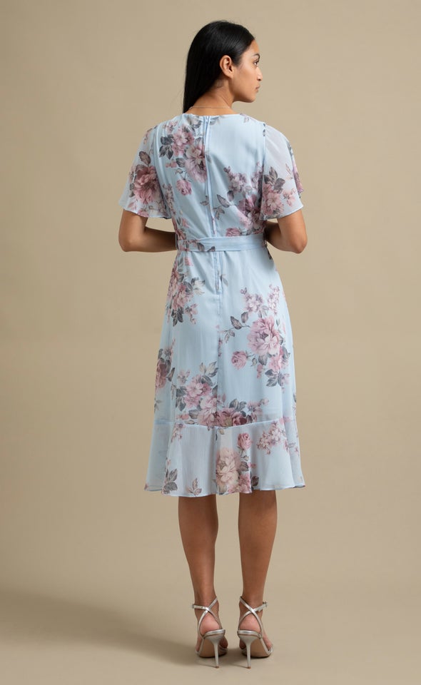 Chiffon Floaty Ruffle Wrap Dress Blue/floral