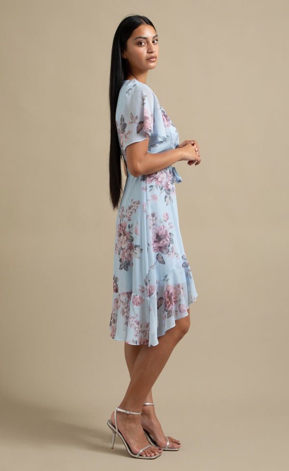 Chiffon Floaty Ruffle Wrap Dress Blue/floral