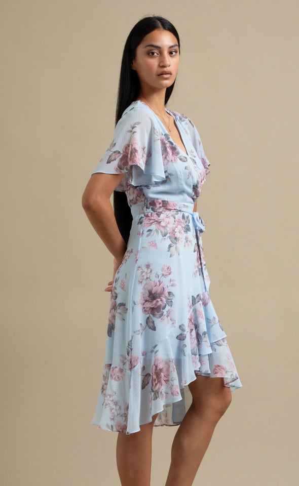 Chiffon Floaty Ruffle Wrap Dress Blue/floral