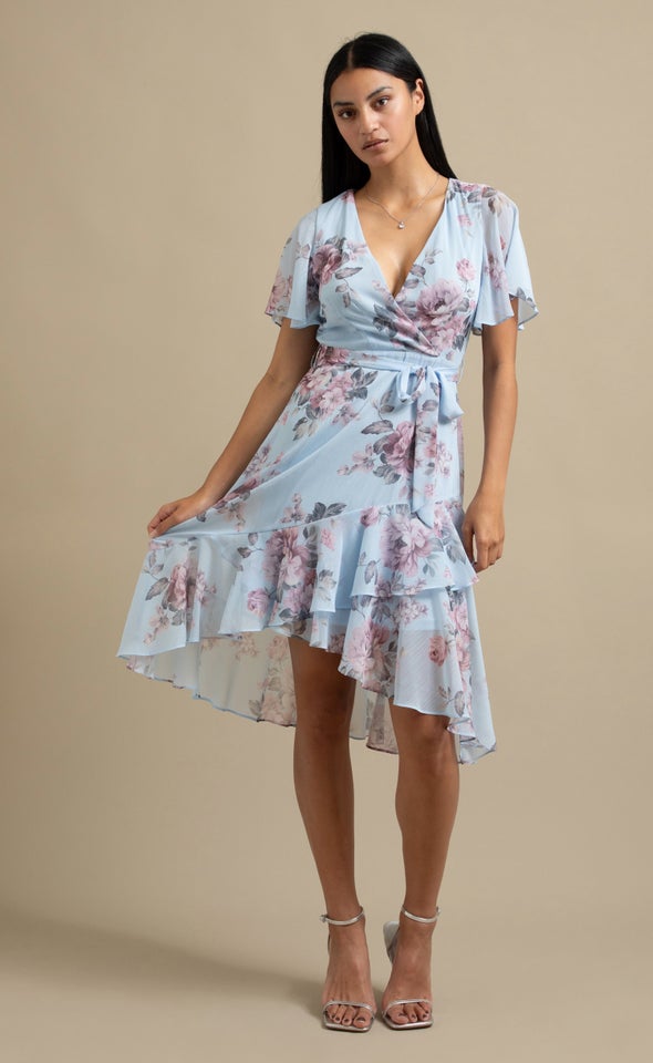 Chiffon Floaty Ruffle Wrap Dress Blue/floral