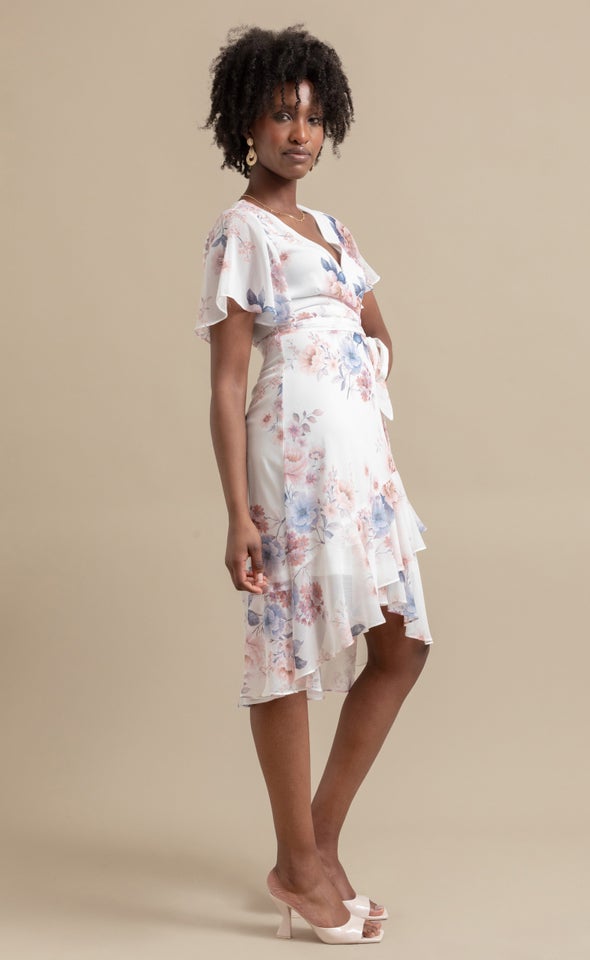 Chiffon Floaty Ruffle Wrap Dress Cream/floral