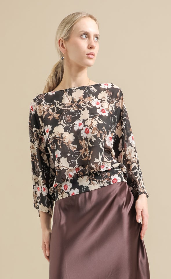 Chiffon Floral Batwing Top Black/floral