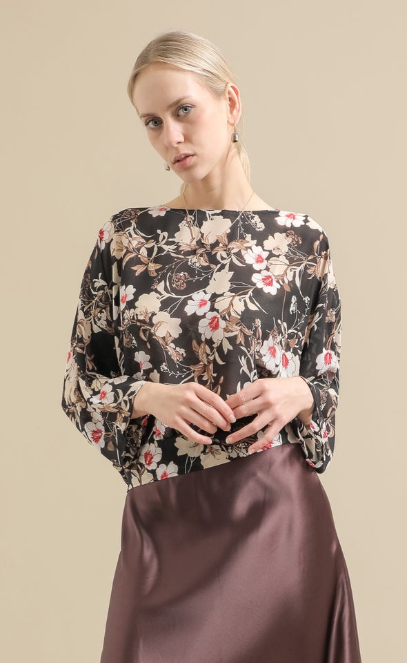 Chiffon Floral Batwing Top Black/floral