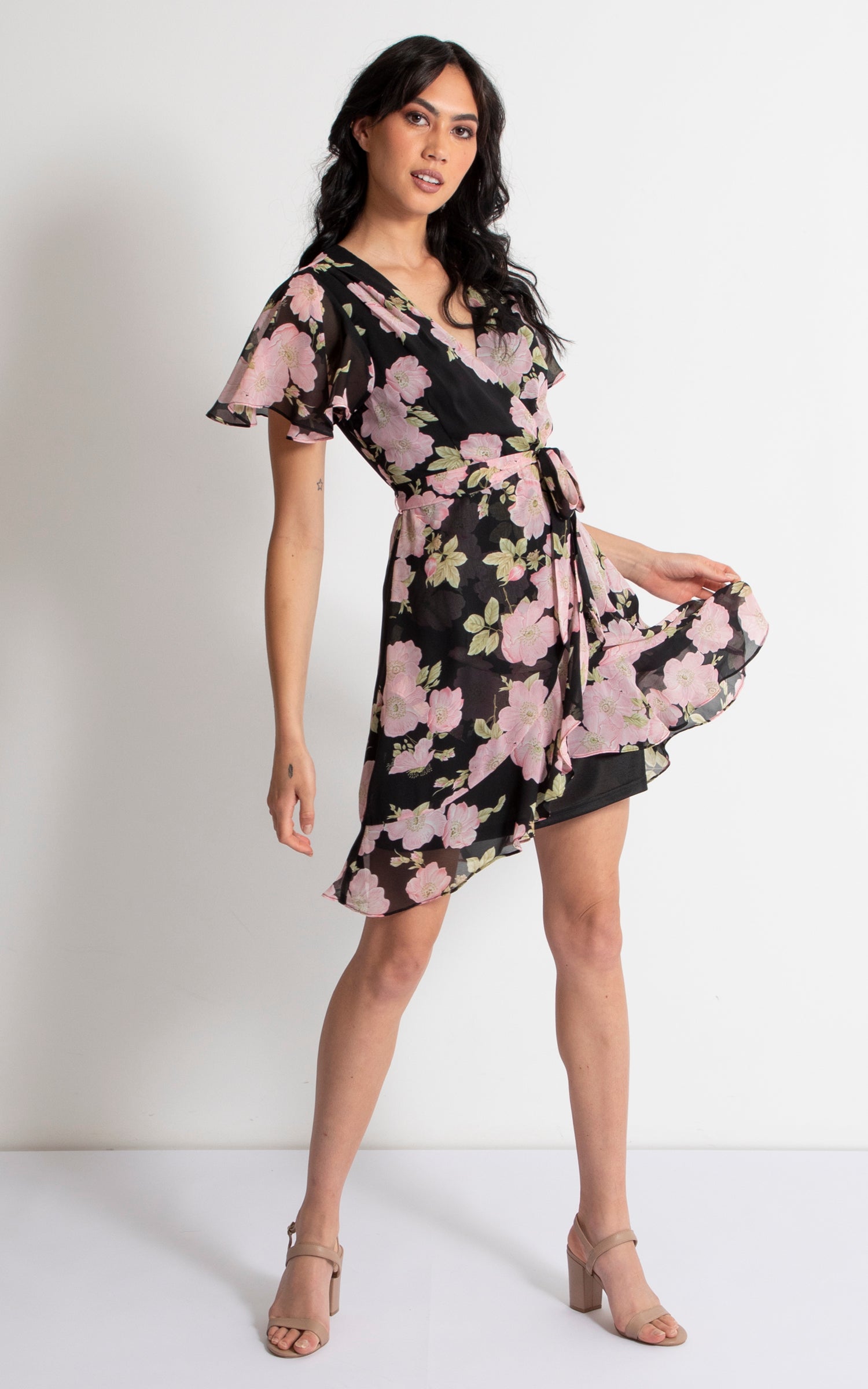 floral ruched chiffon faux wrap dress