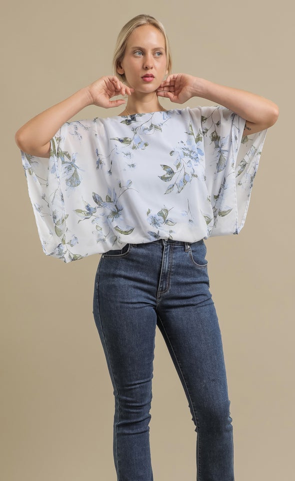 Chiffon Floral Kaftan Top Blue Floral