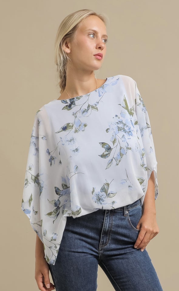 Chiffon Floral Kaftan Top Blue Floral