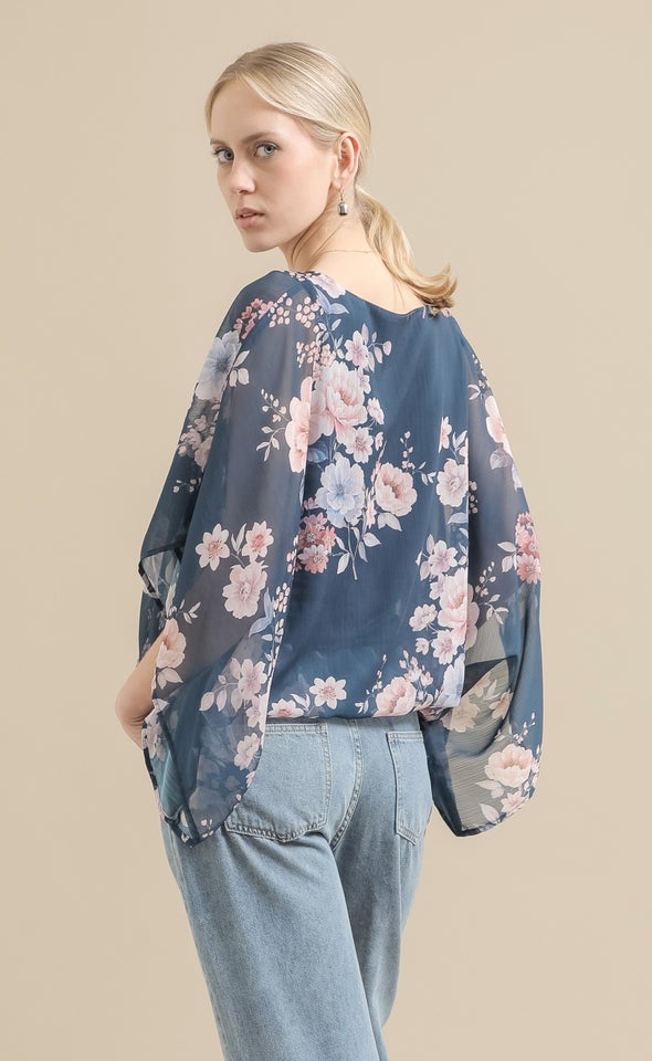 Chiffon Floral Kaftan Top Dark Teal/floral