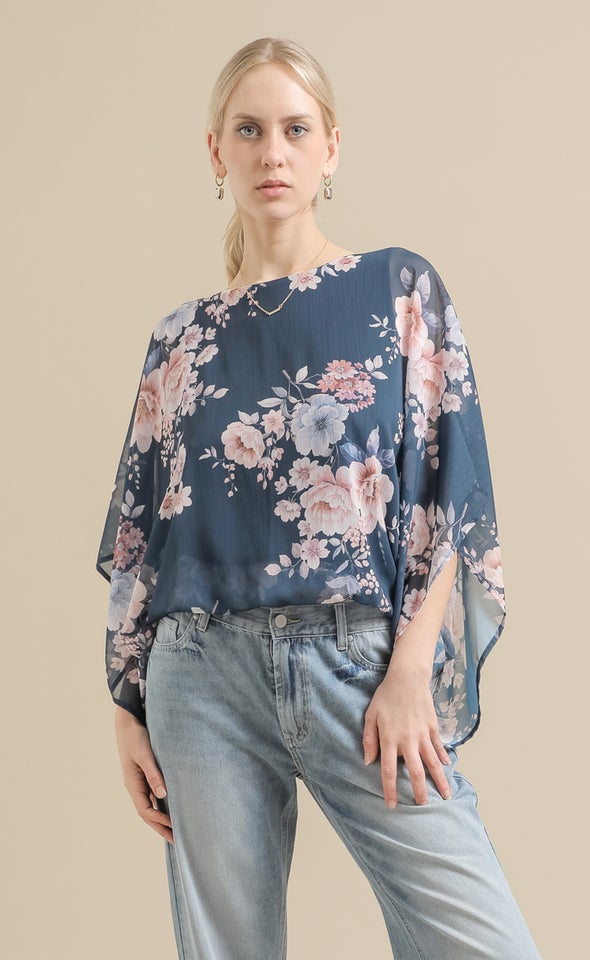 Chiffon Floral Kaftan Top Dark Teal/floral