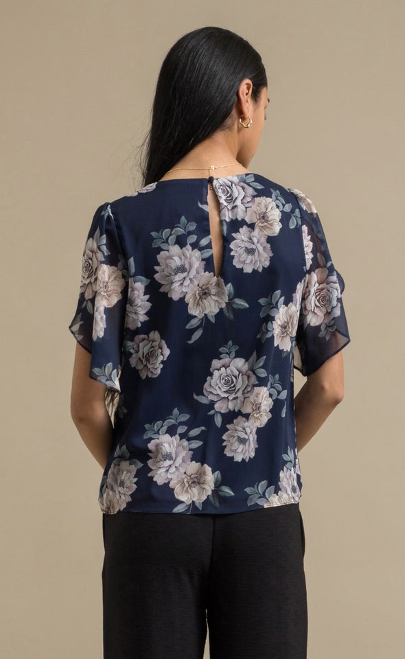 Chiffon Floral Tulip Sleeve Top Navy/floral