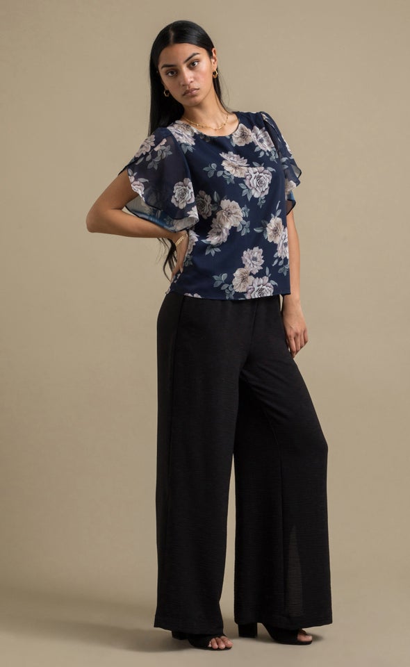 Chiffon Floral Tulip Sleeve Top Navy/floral