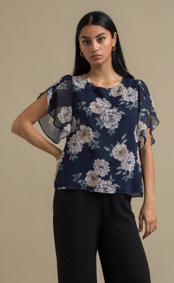 Chiffon Floral Tulip Sleeve Top Navy/floral