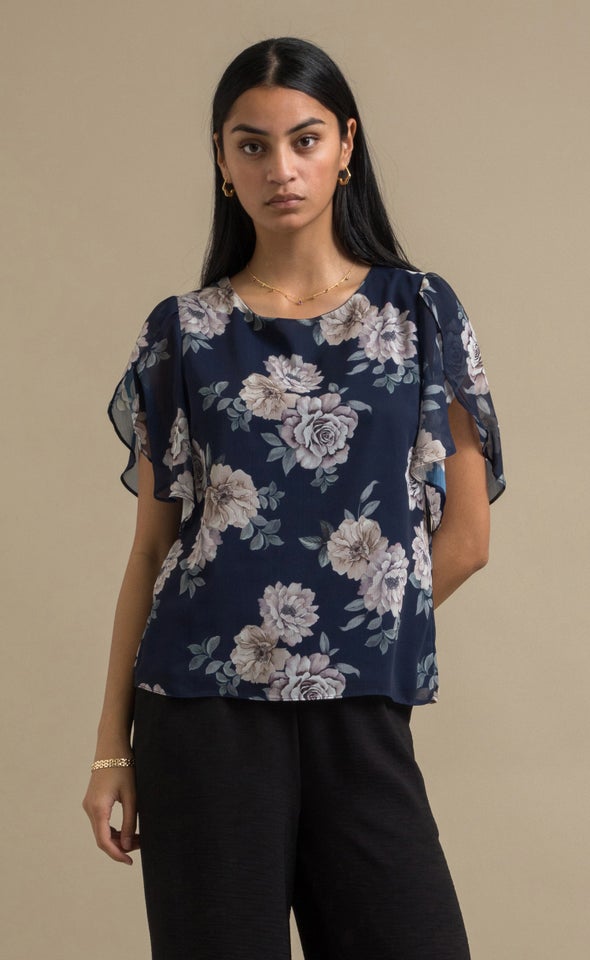 Chiffon Floral Tulip Sleeve Top Navy/floral