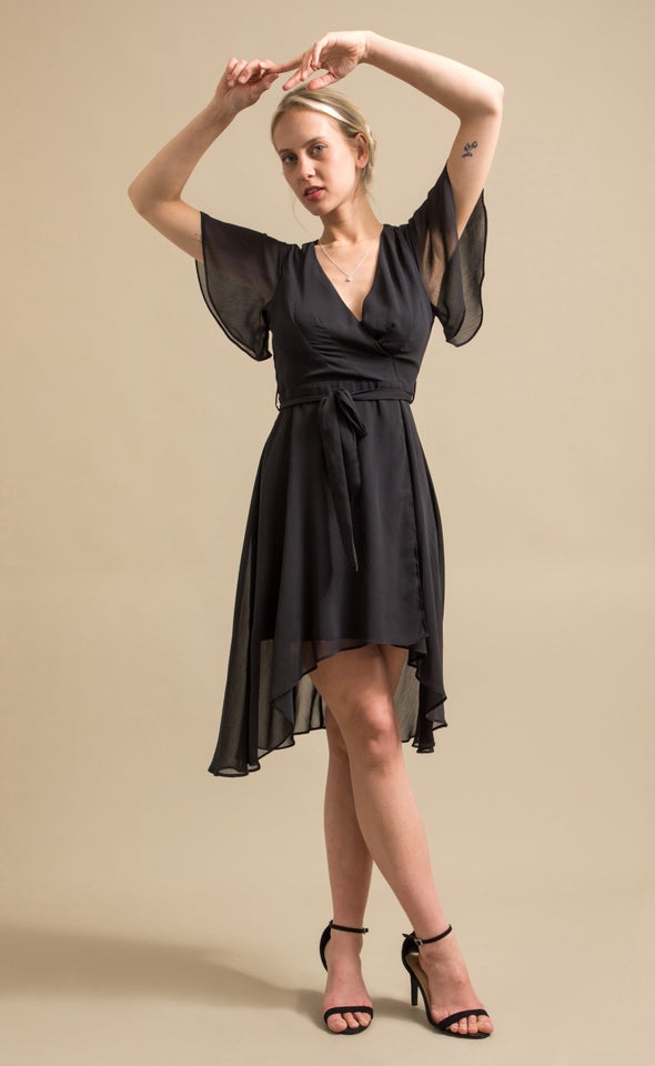 Chiffon Flutter Hi Low Dress Black