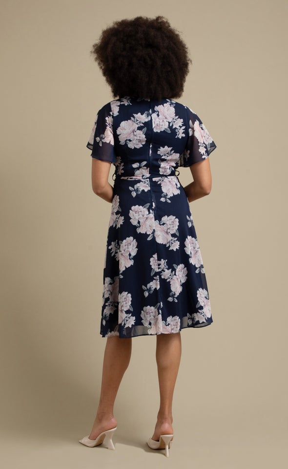 Chiffon Flutter Layered Skirt Dress Navy/floral