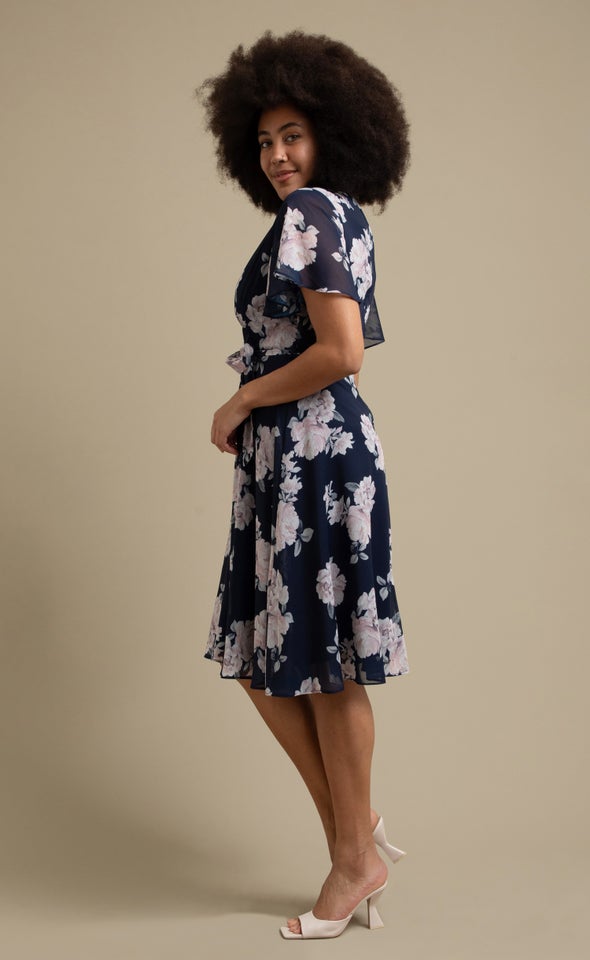 Chiffon Flutter Layered Skirt Dress Navy/floral