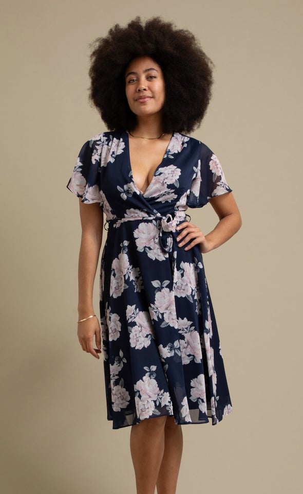 Chiffon Flutter Layered Skirt Dress Navy/floral