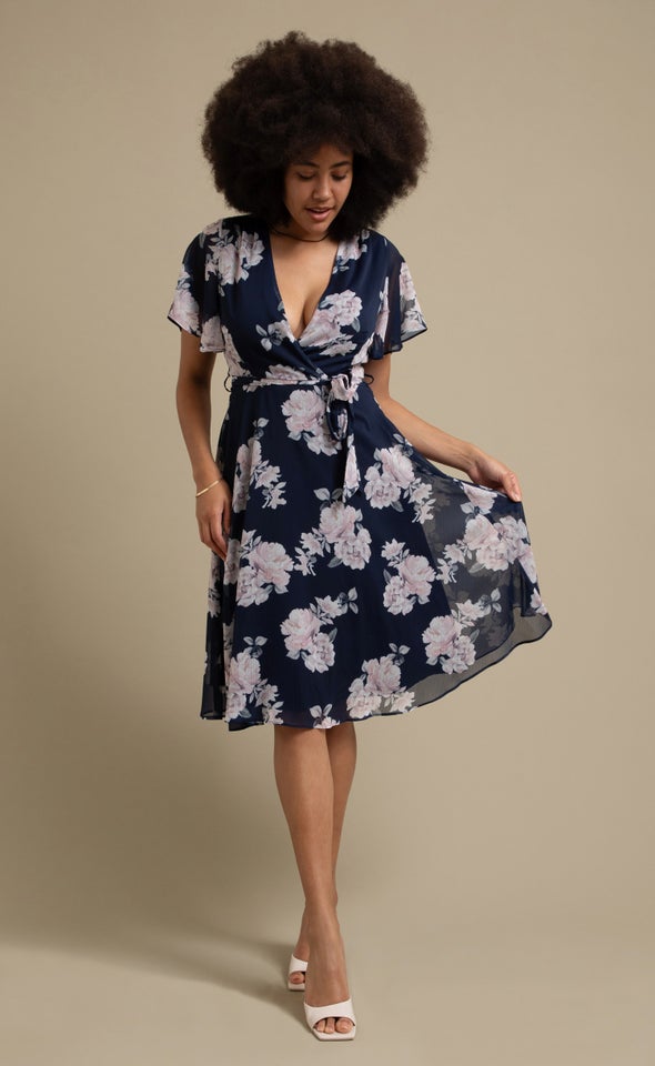 Chiffon Flutter Layered Skirt Dress Navy/floral