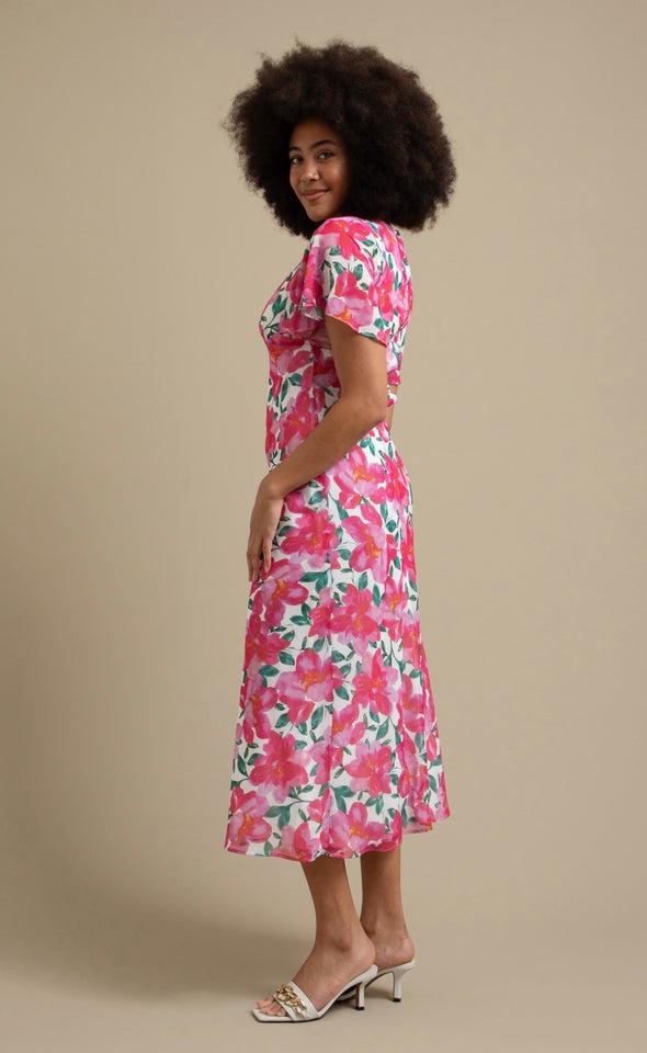 Chiffon Flutter Midi Dress Cream/pink Floral