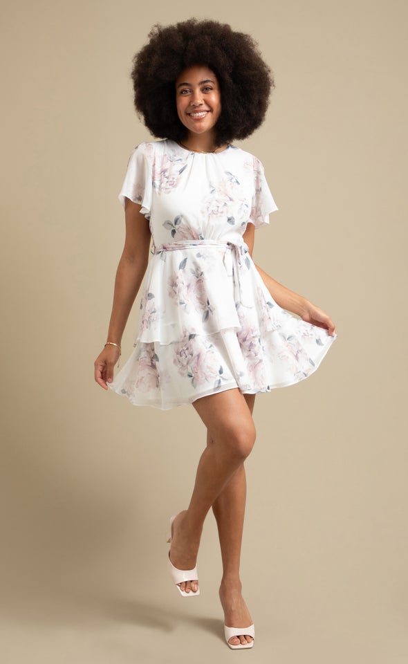 Chiffon Flutter Mini Dress Cream/blush Floral