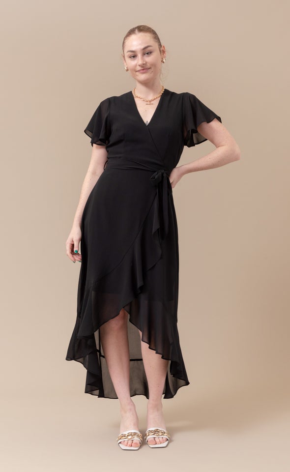 Chiffon Flutter Sleeve Wrap Gown Black