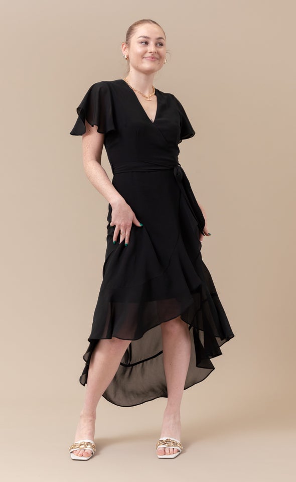 Chiffon Flutter Sleeve Wrap Gown Black