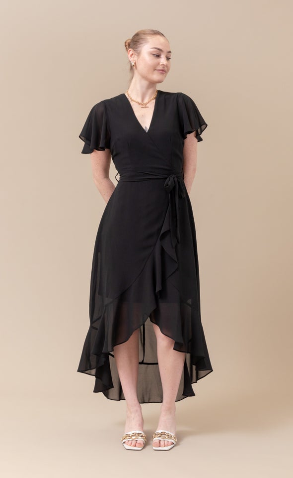 Chiffon Flutter Sleeve Wrap Gown Black