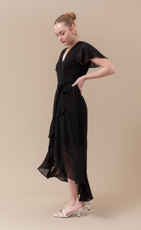 Chiffon Flutter Sleeve Wrap Gown Black