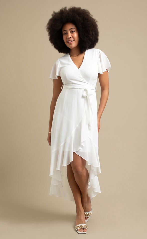 Chiffon Flutter Sleeve Wrap Gown Cream