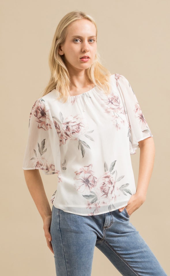 Chiffon Gathered Flutter Top Cream/blush