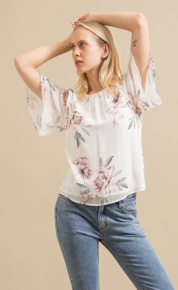 Chiffon Gathered Flutter Top Cream/blush