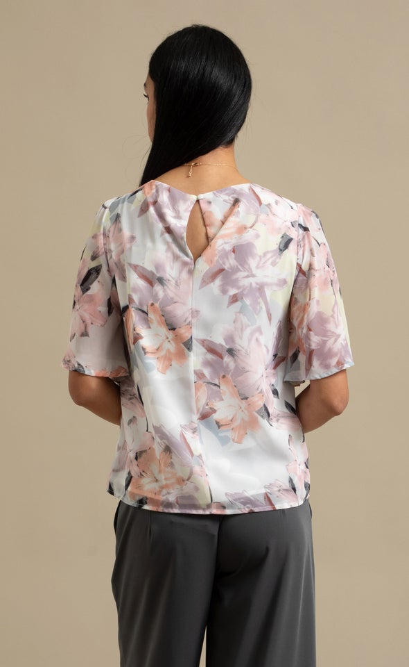 Chiffon Gathered Flutter Top Cream/floral