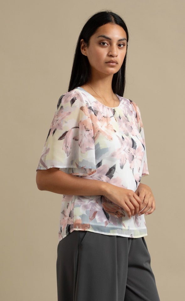 Chiffon Gathered Flutter Top Cream/floral