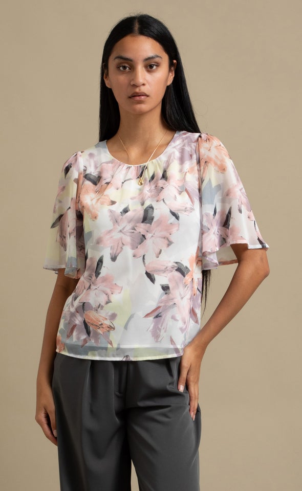 Chiffon Gathered Flutter Top Cream/floral