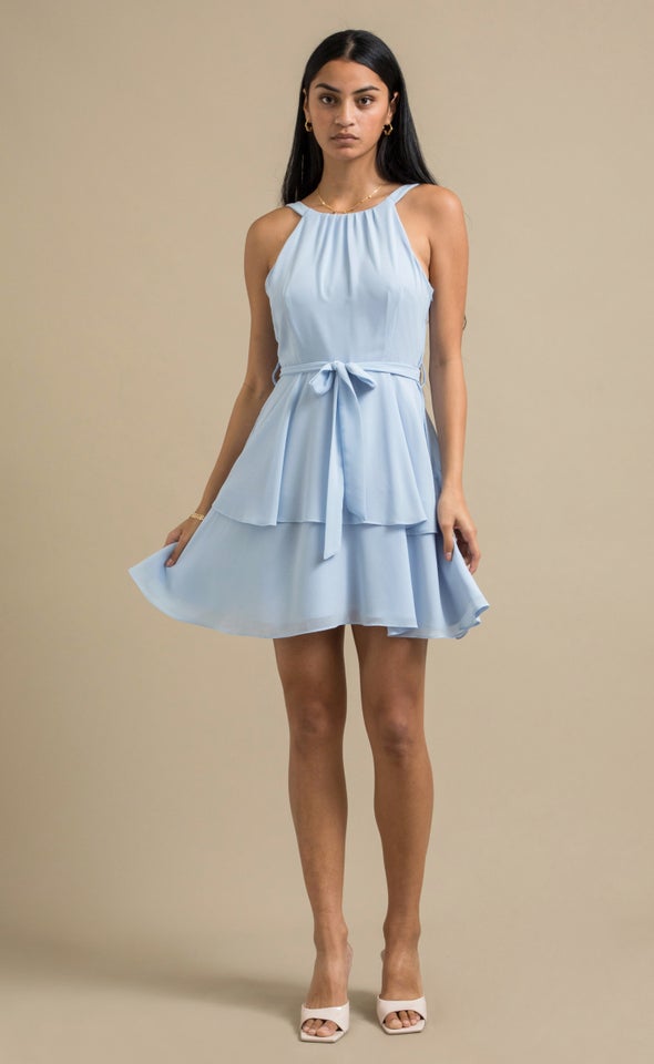 Chiffon Halter Layered Skirt Dress Soft Blue