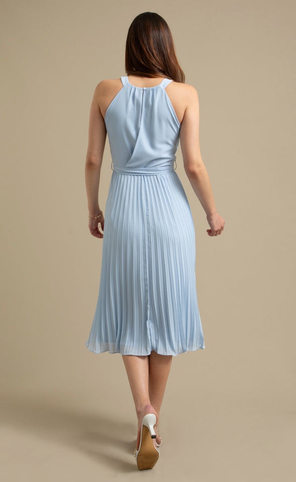 Chiffon Halter Pleated Midi Dress Soft Blue