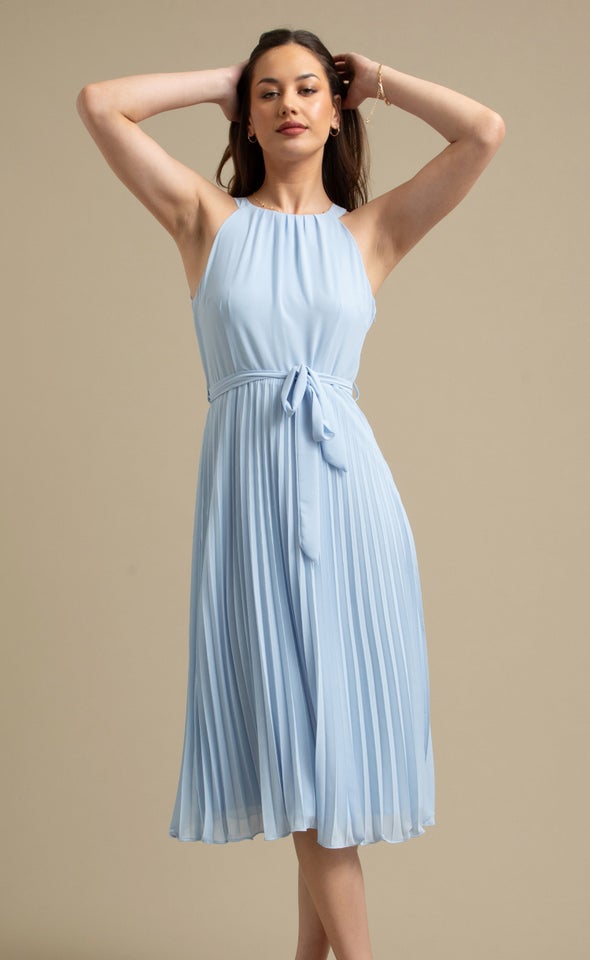 Chiffon Halter Pleated Midi Dress Soft Blue