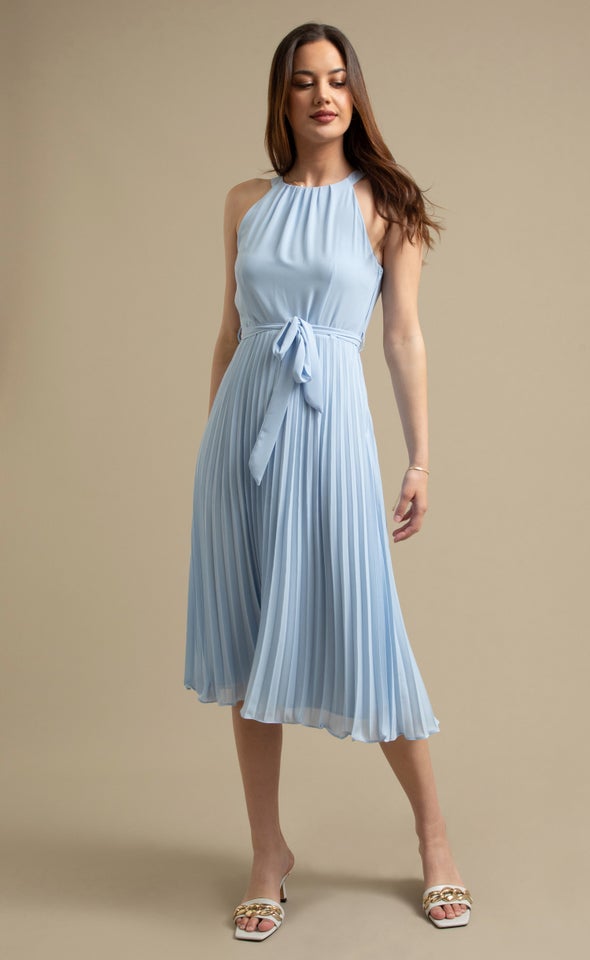 Chiffon Halter Pleated Midi Dress Soft Blue