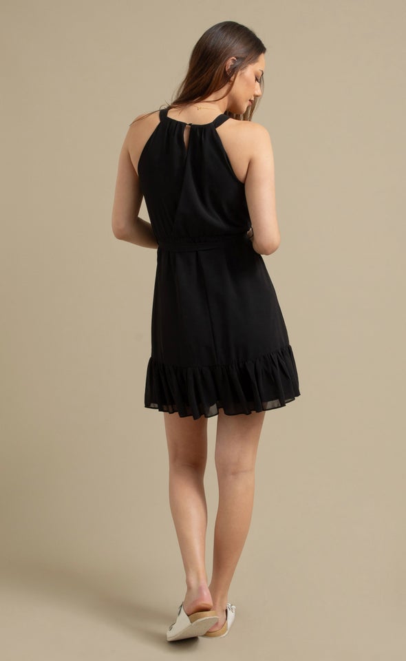 Chiffon Halter Ruffle Hem Dress Black