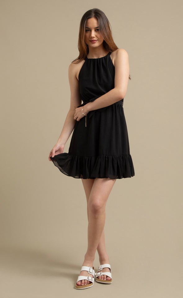 Chiffon Halter Ruffle Hem Dress Black