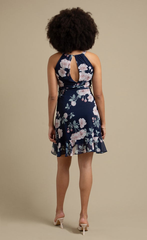 Chiffon Halter Skater Dress Navy/floral