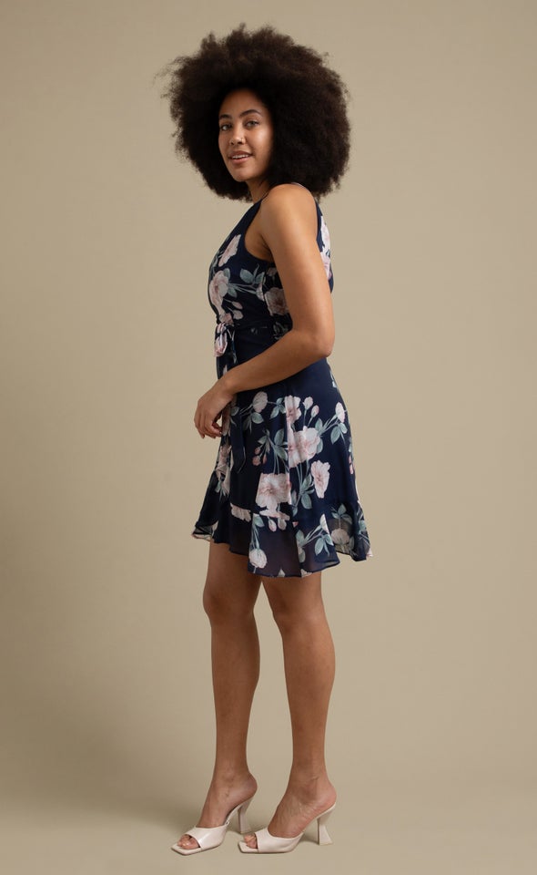 Chiffon Halter Skater Dress Navy/floral